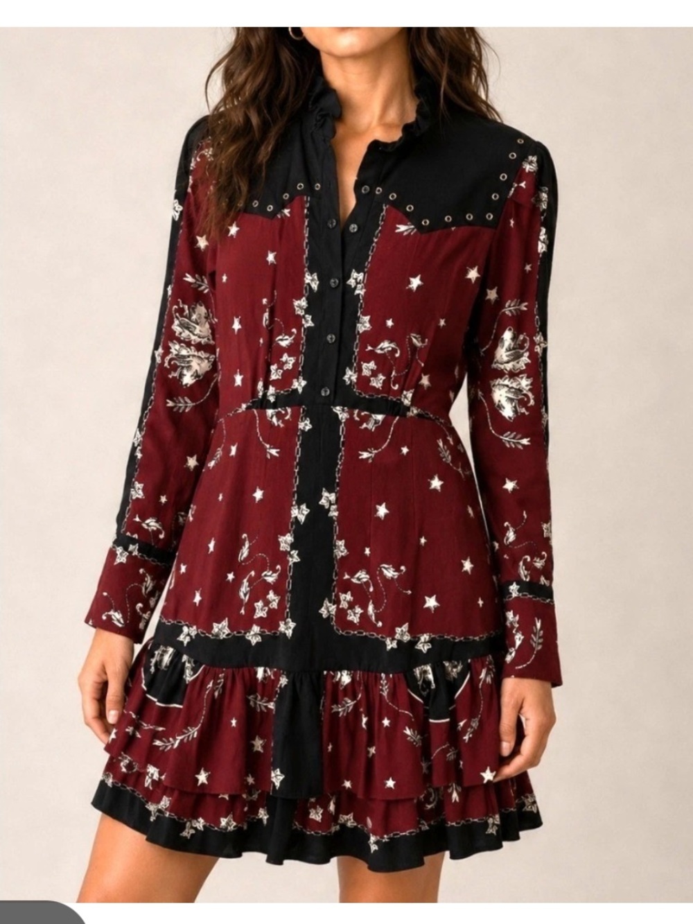 Sandro Paris brick Red & Black Floral Star Ruffle Mini Dress Sz S